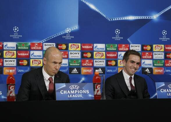 Feb. 22, 2016 - Turin, Italy - Arjen Robben (10)and Philipp Lahm (21) during the press conference PK Pressekonferenz on the eve of the Champions League match between Juventus FC and FC Bayern Mnchen at the Juventus Stadium in Turin, February 22, 2016. Juventus Vs Bayern Monaco - Press Conference  - ZUMAn230