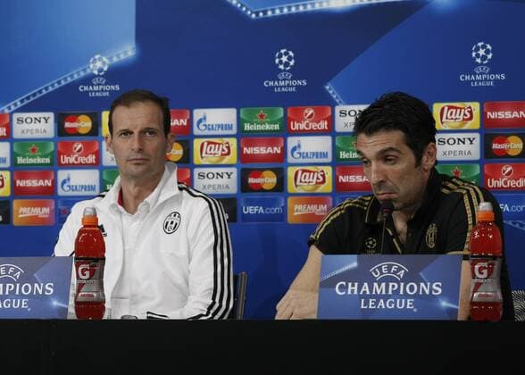 Feb. 22, 2016 - Turin, Italy - Massimiliano Allegri (all) and Gianluigi Buffon (1) during the press conference PK Pressekonferenz on the eve of the Champions League match between Juventus FC and FC Bayern Mnchen at the Juventus Stadium in Turin, February 22, 2016. Juventus - Training & Press Conference  - ZUMAn230
