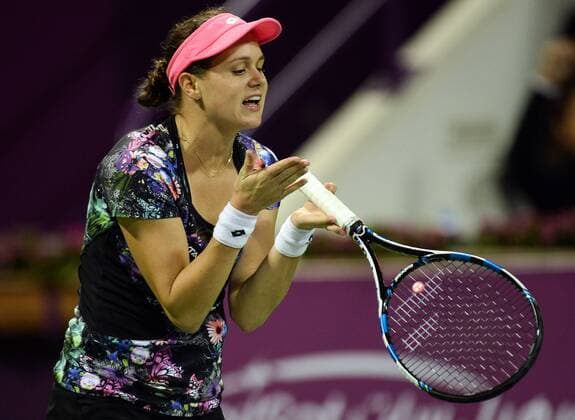 Jana Cepelova of Slovakia reacts during the women s singles match against Jelena Jankovic of Serbia at WTA Tennis Damen Qatar Open 2016 at the International Khalifa Tennis Complex of Doha, Qatar, Feb. 22, 2016. Jelena Jankovic won 2-1. ) (SP)QATAR-DOHA-TENNIS-QATAR OPEN 2016-WOMEN S SINGLES Nikku 