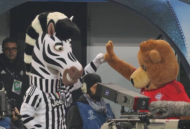 Fußball, Champions League, Juventus Turin - FC Bayern München Zebra Juve Maskottchen und FCB Maskottchen BERNI JUVENTUS TURIN - FC BAYERN MUENCHEN Achtelfinale, Fussball UEFA Champions League, in Turin, Italien, 23.02.2016 CL Saison 2015 2016, FCB, Muenchen