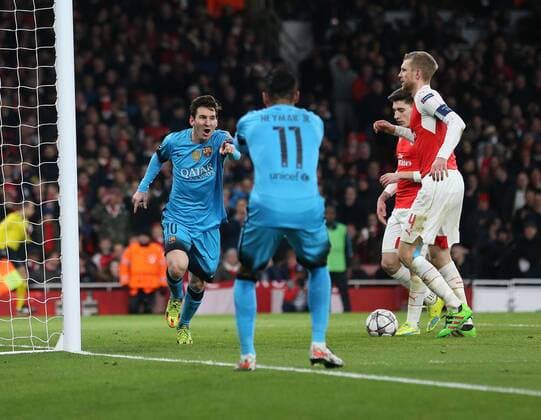Barcelona s Lionel Messi celebrates scoring his sides opening goal UEFA Champions League 2nd Round First Leg - Arsenal vs Barcelona - Emirates Stadium -England - 23rd February 2016 - Picture David Klein Sportimage EDITORIAL USE ONLY. No use with unauthorised audio, video, data, fixture lists, club league logos or live services. Online in-match use limited to 120 images, no video emulation. No use in betting, games or single club league player publications.