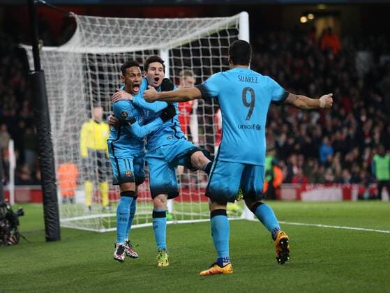 Barcelona s Lionel Messi celebrates scoring his sides opening goal with Neymar UEFA Champions League 2nd Round First Leg - Arsenal vs Barcelona - Emirates Stadium -England - 23rd February 2016 - Picture David Klein Sportimage EDITORIAL USE ONLY. No use with unauthorised audio, video, data, fixture lists, club league logos or live services. Online in-match use limited to 120 images, no video emulation. No use in betting, games or single club league player publications.
