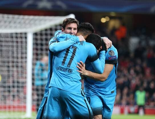Barcelona s Lionel Messi celebrates scoring his sides opening goal UEFA Champions League 2nd Round First Leg - Arsenal vs Barcelona - Emirates Stadium -England - 23rd February 2016 - Picture David Klein Sportimage EDITORIAL USE ONLY. No use with unauthorised audio, video, data, fixture lists, club league logos or live services. Online in-match use limited to 120 images, no video emulation. No use in betting, games or single club league player publications.