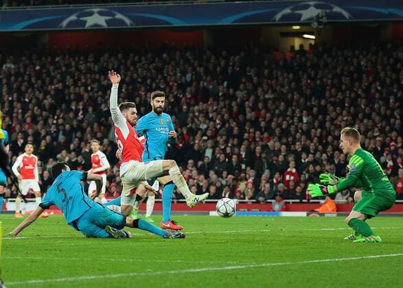 23.02.2016. Emirates Stadium, London, England. UEFA Champions League. Arsenal versus Barcelona. Barcelona Goalkeeper Marc-Andr& xe9; ter Stegen saves a close range shot from Arsenal Midfielder Aaron Ramsey xMarkxKertonx  ActionPlus11710437