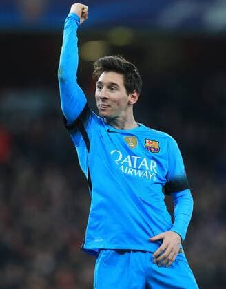 Fußball, Champions League, FC Arsenal - FC Barcelona, Matchwinner Lionel Messi Barcelona s Lionel Messi celebrates scoring his sides second goal UEFA Champions League 2nd Round First Leg - Arsenal vs Barcelona - Emirates Stadium -England - 23rd February 2016 - Picture David Klein Sportimage EDITORIAL USE ONLY. No use with unauthorised audio, video, data, fixture lists, club league logos or live services. Online in-match use limited to 120 images, no video emulation. No use in betting, games or single club league player publications.