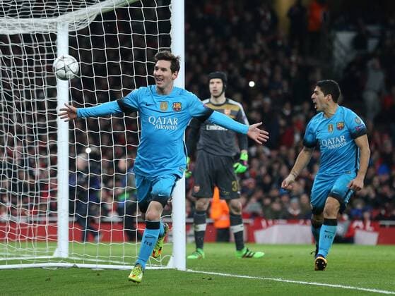Barcelona s Lionel Messi celebrates scoring his sides second goal UEFA Champions League 2nd Round First Leg - Arsenal vs Barcelona - Emirates Stadium -England - 23rd February 2016 - Picture David Klein Sportimage EDITORIAL USE ONLY. No use with unauthorised audio, video, data, fixture lists, club league logos or live services. Online in-match use limited to 120 images, no video emulation. No use in betting, games or single club league player publications.