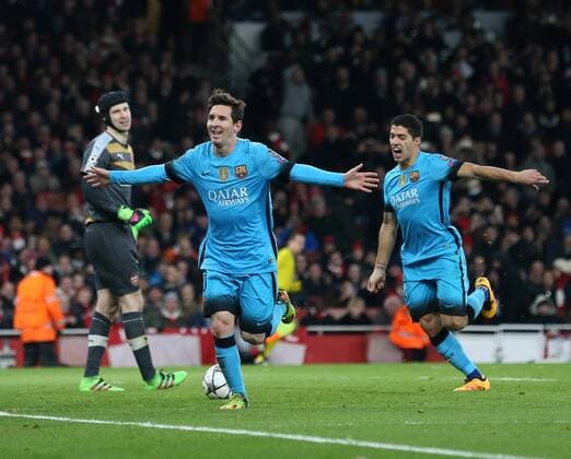 Barcelona s Lionel Messi celebrates scoring his sides second goal UEFA Champions League 2nd Round First Leg - Arsenal vs Barcelona - Emirates Stadium -England - 23rd February 2016 - Picture David Klein Sportimage EDITORIAL USE ONLY. No use with unauthorised audio, video, data, fixture lists, club league logos or live services. Online in-match use limited to 120 images, no video emulation. No use in betting, games or single club league player publications.