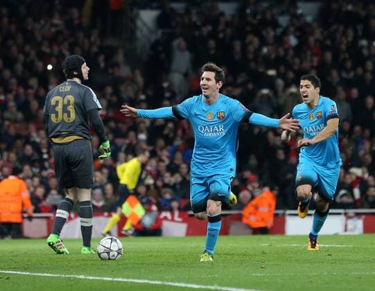Barcelona s Lionel Messi celebrates scoring his sides second goal UEFA Champions League 2nd Round First Leg - Arsenal vs Barcelona - Emirates Stadium -England - 23rd February 2016 - Picture David Klein Sportimage EDITORIAL USE ONLY. No use with unauthorised audio, video, data, fixture lists, club league logos or live services. Online in-match use limited to 120 images, no video emulation. No use in betting, games or single club league player publications.