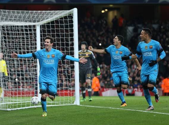 Barcelona s Lionel Messi celebrates scoring his sides second goal UEFA Champions League 2nd Round First Leg - Arsenal vs Barcelona - Emirates Stadium -England - 23rd February 2016 - Picture David Klein Sportimage EDITORIAL USE ONLY. No use with unauthorised audio, video, data, fixture lists, club league logos or live services. Online in-match use limited to 120 images, no video emulation. No use in betting, games or single club league player publications.