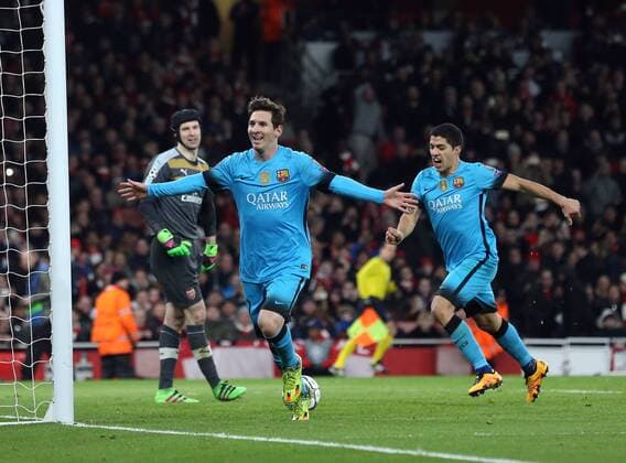 Barcelona s Lionel Messi celebrates scoring his sides second goal UEFA Champions League 2nd Round First Leg - Arsenal vs Barcelona - Emirates Stadium -England - 23rd February 2016 - Picture David Klein Sportimage EDITORIAL USE ONLY. No use with unauthorised audio, video, data, fixture lists, club league logos or live services. Online in-match use limited to 120 images, no video emulation. No use in betting, games or single club league player publications.