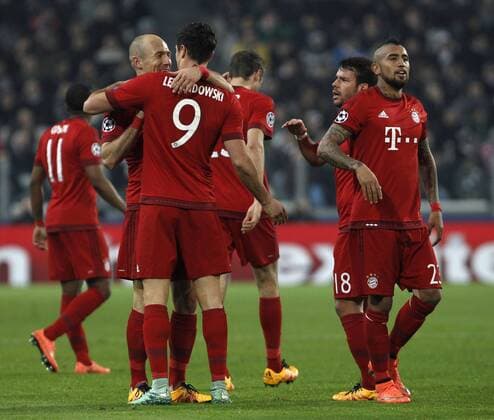 Feb. 23, 2016 - Turin, Italy - Bayern™s Arjen Robben, left, celebrates with teammates after scoring during the Champions League first leg round of 16 football match between Juventus and Bayern at the Juventus Stadium. The game ended 2-2. Italy Football Champions League: Round of 16 First Leg - Juventus vs Bayern - ZUMAp133