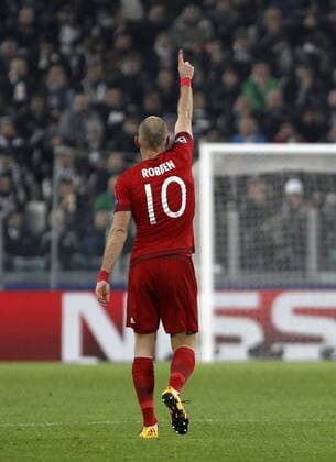Feb. 23, 2016 - Turin, Italy - Bayern™s Arjen Robben celebrates after scoring during the Champions League first leg round of 16 football match between Juventus and Bayern at the Juventus Stadium. The game ended 2-2. Italy Football Champions League: Round of 16 First Leg - Juventus vs Bayern - ZUMAp133
