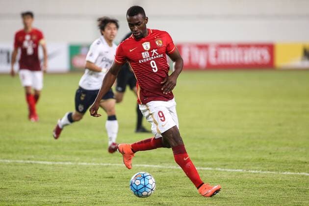 GUANGZHOU, CHINA - FEBRUARY 24: (CHINA OUT) Jackson Martinez 9 of Guangzhou Evergrande drives the ball during the AFC Champions League Group H match between Guangzhou Evergrande and Pohang Steelers at Tianhe Center on February 24, 2016 in Guangzhou, China.  CFP480112045 