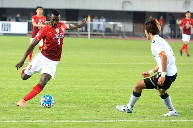 GUANGZHOU, CHINA - FEBRUARY 24: (CHINA OUT) Jackson Martinez 9 of Guangzhou Evergrande shoots the ball during the AFC Champions League Group H match between Guangzhou Evergrande and Pohang Steelers at Tianhe Center on February 24, 2016 in Guangzhou, China.  CFP480113908 
