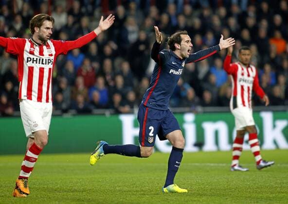 First leg of 1 8 round of the Champions League played between PSV Eindhoven and Atletico Madrid. In this picture, Godin. xJOSExA.xGARCIAx 