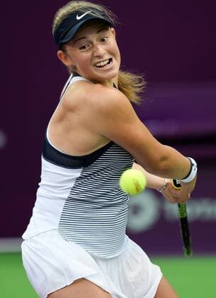 (160225) -- DOHA, Feb. 25, 2016 -- Jelena Ostapenko of Latvia competes during the singles third round match against Petra Kvitova of the Czech Republic at the WTA Tennis Damen Qatar Open 2016 in Doha, Qatar, Feb. 24, 2016. Jelena Ostapenko won 2-1. ) (SP)QATAR-DOHA-TENNIS-WTA QATAR OPEN 2016 Nikku 