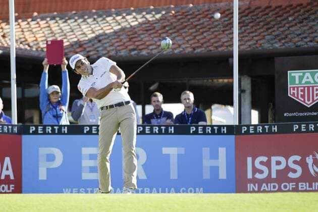 25.02.2016. Perth, Australia. ISPS HANDA Perth International Golf. Carlos Pigem (ESP) hits his first shot for the tournament on tee 1 day 1. xActionxPlusxOperationsx  ActionPlus11710816