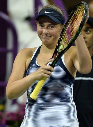(160227) -- DOHA, Feb. 26, 2016 -- Jelena Ostapenko of Latvia celebrates during the women s singles semi-final match against Andrea Petkovic of Germany at the WTA Tennis Damen Qatar Total Open 2016 in Doha, Qatar Feb. 26, 2016. Jelena Ostapenko won 7-5, 1-0 after Andrea Petkovic abandoned due to an injury. ) (SP)QATAR-DOHA-TENNIS-WTA QATAR OPEN 2016 Nikku 