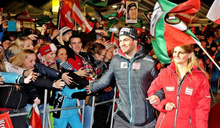 ALPINE SKIING - FIS WC Hinterstoder HINTERSTODER,AUSTRIA,27.FEB.16 - ALPINE SKIING - FIS World Cup, Super G, men. Image shows Vincent Kriechmayr (AUT), award ceremony. GEPAxpictures xM.xOberlaender