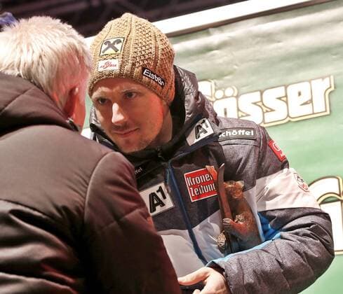 ALPINE SKIING - FIS WC Hinterstoder HINTERSTODER,AUSTRIA,27.FEB.16 - ALPINE SKIING - FIS World Cup, Super G, men. Image shows Marcel Hirscher (AUT), award ceremony. GEPAxpictures xM.xOberlaender