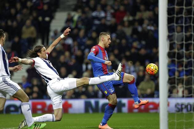 Connor Wickham of Crystal Palace beats Jonas Olsson to score his sides first goal of the game - Football - Barclays Premier League - West Bromwich Albion vs Crystal Palace - The Hawthorns West Bromwich - Season 2015 2016 - 27th February 2016 - Photo Malcolm Couzens Sportimage EDITORIAL USE ONLY. No use with unauthorised audio, video, data, fixture lists, club league logos or live services. Online in-match use limited to 120 images, no video emulation. No use in betting, games or single club league player publications.