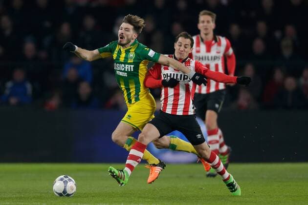 (L-R)Edouard Duplan of ADO Den Haag1 , Andres Guardado of PSV during the Dutch Eredivisie match between PSV Eindhoven and ADO Den Haag at the Phillips stadium on February 27, 2016 in Eindhoven, The Netherlands PSV Eindhoven v ADO Den Haag Dutch Eredivisie 2015 2016 xVIxxIVx 5056747