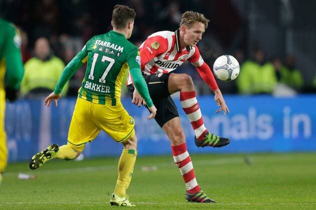 (L-R) Danny Bakker of ADO Den Haag, Luuk de Jong of PSV during the Dutch Eredivisie match between PSV Eindhoven and ADO Den Haag at the Phillips stadium on February 27, 2016 in Eindhoven, The Netherlands PSV Eindhoven v ADO Den Haag Dutch Eredivisie 2015 2016 xVIxxIVx 5058093