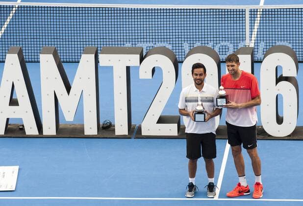 Treat Huey (L) of the Philippines and Max Mirnyi of Belarus pose during the awarding ceremony after the men s doubles final against Phillip Petzschner of Germany and Alexander Peya of Austria at the Mexican Tennis Open 2016 in Acapulco, Mexico, Feb. 27, 2016. Treat Huey and Max Mirnyi won 2-0 to claim the title. Jesus Espinosa) (rtg) (SP)MEXICO-ACAPULCO-TENNIS-MEXICAN OPEN e JESUSxESPINOSA 