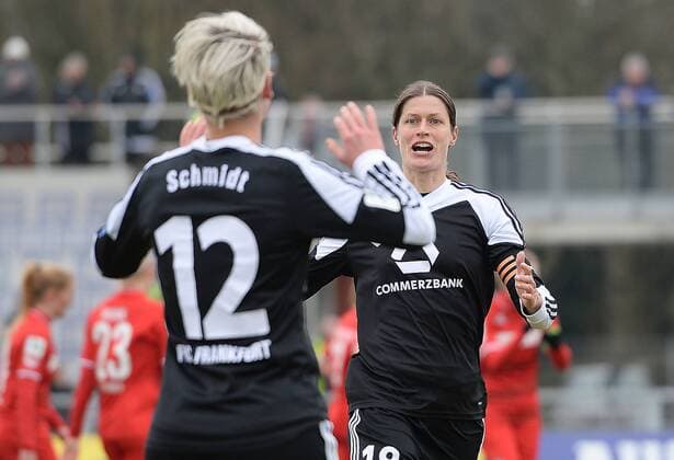 28.02.2016, xjhx, Fussball 1.Bundesliga Damen, 1.FFC Frankfurt - 1.FC Koeln, emspor, v.l. Sophie Schmidt (1.FFC Frankfurt), Kerstin Garefrekes (1.FFC Frankfurt) celebrate the goal, Torjubel zum 4:0