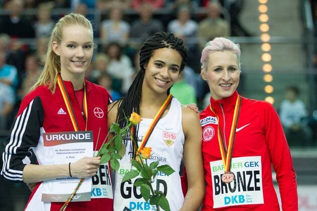 63. Deutsche Hallenmeisterschaften; Leipzig, 28.02.2016 Katarina Moegenburg (TSV Bayer 04 Leverkusen), Marie-Laurence Jungfleisch (VfB Stuttgart 1893) und Ariane Friedrich (LG Eintracht Frankfurt) (v.l.), 63. Deutsche Hallenmeisterschaften am 28.02.2016 in der Arena Leipzig, Leipzig (Deutschland). xdfx