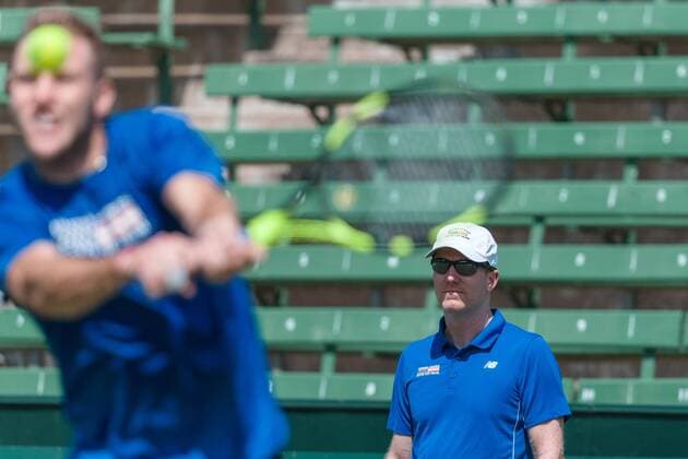 February 29, 2016: Jim Courier captain of the USA team watches on at a practise session ahead of the BNP Paribas Davis Cup World Group first round tie between Australia and USA at Kooyong tennis club in Melbourne, Australia. Tennis 2016: Davis Cup Practise - ZUMAc04_