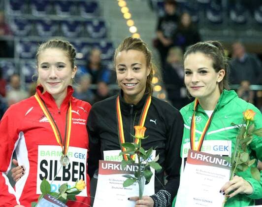 Leichtathletik, Siegerehrungen - Deutsche Hallenmeisterschaft in Leipzig Leipzig, Leichtathletik, athletics, Track and Field, Deutsche Hallenmeisterschaften Leipzig 2016, 27-28.02.2016, LeipzigArena, Leipzig, 60m Frauen Siegerehrung, Rebekka Haase, Tatjana Pinto, Nadine Gonska,
