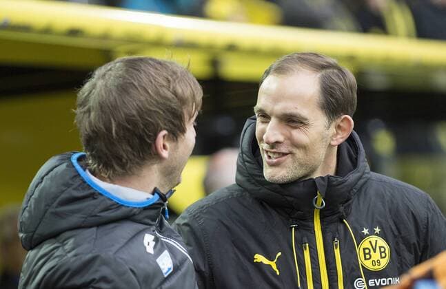 Trainer Thomas TUCHEL (DO) begruesst Trainer Julian NAGELSMANN l. (1899) vor dem Spiel, Fussball 1. Bundesliga, 23. Spieltag, Borussia Dortmund (DO) - TSG 1899 Hoffenheim (1899) 3:1, am 28.02.2016 in Dortmund Deutschland.