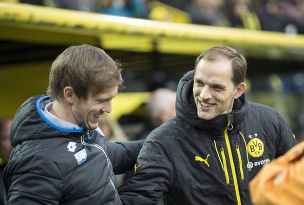Trainer Thomas TUCHEL (DO) begruesst Trainer Julian NAGELSMANN l. (1899) vor dem Spiel, Fussball 1. Bundesliga, 23. Spieltag, Borussia Dortmund (DO) - TSG 1899 Hoffenheim (1899) 3:1, am 28.02.2016 in Dortmund Deutschland.