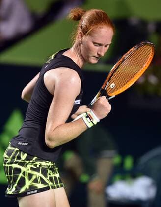 Belgian Alison Van Uytvanck celebrates a point against US Irina Falconi during a match in the first day of the Monterrey Open in Mexico, on 29 February 2016. Monterrey Open !ACHTUNG: NUR REDAKTIONELLE NUTZUNG!  MEX01 20160301-635924075748221859