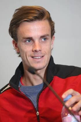 Belgian Arthur De Greef pictured during a press conference PK Pressekonferenz of the Belgian team on the Davis Cup first round World Group meeting between Belgium and Croatia, Tuesday 01 March 2016, in Liege. The first round will be played from 04 to 06 March 2016 in Liege. BRUNOxFAHY  x04802520x