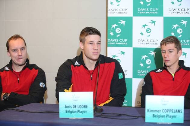 Belgian Steve Darcis, Belgian Joris De Loore and Belgian Kimmer Coppejans pictured during a press conference PK Pressekonferenz of the Belgian team on the Davis Cup first round World Group meeting between Belgium and Croatia, Tuesday 01 March 2016, in Liege. The first round will be played from 04 to 06 March 2016 in Liege. BRUNOxFAHY  x04802585x