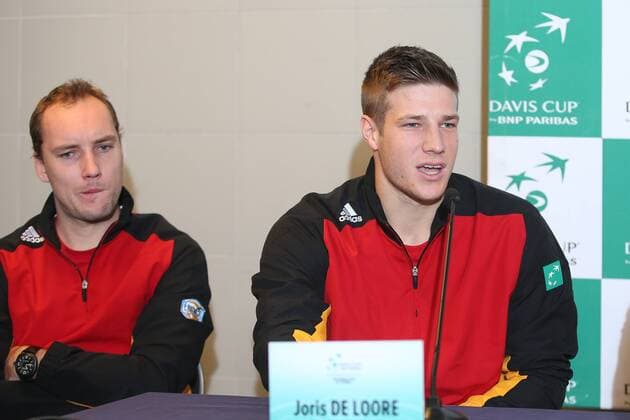 Belgian Steve Darcis and Belgian Joris De Loore pictured during a press conference PK Pressekonferenz of the Belgian team on the Davis Cup first round World Group meeting between Belgium and Croatia, Tuesday 01 March 2016, in Liege. The first round will be played from 04 to 06 March 2016 in Liege. BRUNOxFAHY  x04802582x