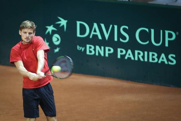 Belgian David Goffin pictured in action after a press conference PK Pressekonferenz of the Belgian team on the Davis Cup first round World Group meeting between Belgium and Croatia, Tuesday 01 March 2016, in Liege. The first round will be played from 04 to 06 March 2016 in Liege. BRUNOxFAHY  x04802691x