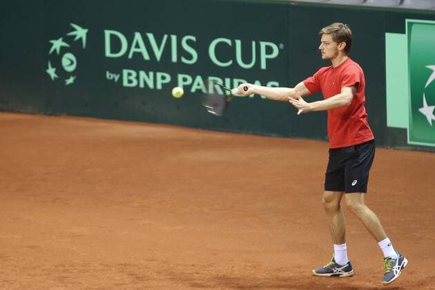 Belgian David Goffin pictured in action during a training session after a press conference PK Pressekonferenz of the Belgian team on the Davis Cup first round World Group meeting between Belgium and Croatia, Tuesday 01 March 2016, in Liege. The first round will be played from 04 to 06 March 2016 in Liege. BRUNOxFAHY  x04802695x