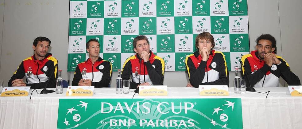 Pressekonferenz Team Deutschland, Germany v.l.Philipp Petzschner, Philipp Kohlschreiber, Teamchef Michael Kohlmann, Alexander Zverev und Dustin Brown