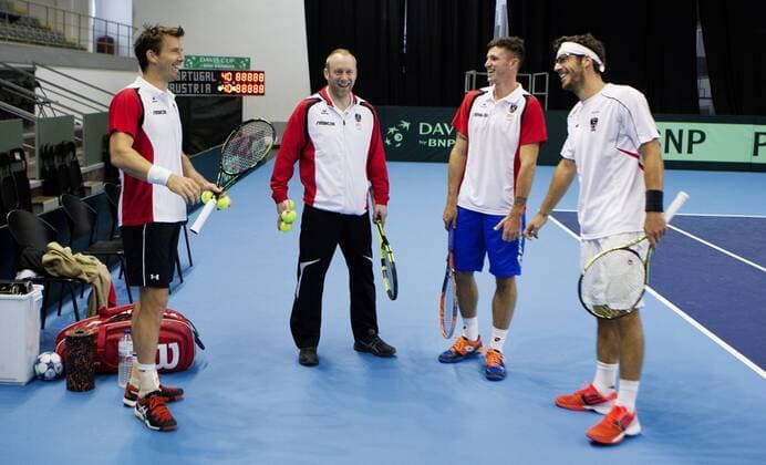 TENNIS - ITF, Davis Cup, POR vs AUT GUIMARAES,PORTUGAL,02.MAR.16 - TENNIS - ITF, Davis Cup, Portugal vs Austria, training team AUT. Image shows Alexander Peya, Stefan Koubek, Dennis Novak and Gerald Melzer (AUT). GEPAxpictures xMatthiasxHauer