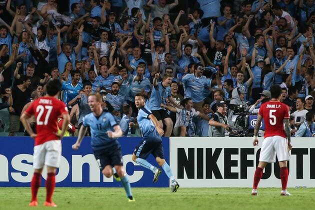 SYDNEY, AUSTRALIA - MARCH 02: (CHINA OUT) Milos Dimitrijevic 8 of Sydney FC celebrates after scoring his team s second goal during the AFC Champions League Group H match between Sydney FC and Guangzhou Evergrande at Allianz Stadium on March 2, 2016 in Sydney, Australia.  CFP59480509851 