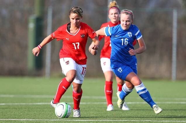 SOCCER - U19 test match, ladies, AUT vs FIN LINDABRUNN,AUSTRIA,02.MAR.16 - SOCCER - OEFB international match Länderspiel test match, Under 19, ladies, Austria vs Finland. Image shows Ivana Feric (AUT) and Broijer Roosa (FIN). GEPAxpictures xCh.xKelemen