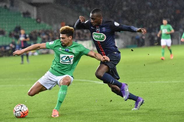Fußball, Coupe de France, AS St. Etienne - Paris St. Germain Kevin Malcuit (saint etienne) vs Blaise matuidi (psg) - Fussball Frankreich, Coupe de France, AS Saint Etienne vs. Paris Saint Germain PSG - 02 03 2016 FredericChambert Panoramic 