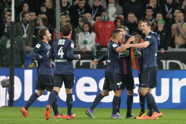 Fußball, Coupe de France, AS St. Etienne - Paris St. Germain Lucas, Zlatan Ibrahimovic (psg), de leurs coequipiers - Fussball Frankreich, Coupe de France, AS Saint Etienne vs. Paris Saint Germain PSG - 02 03 2016 FredericChambert Panoramic 