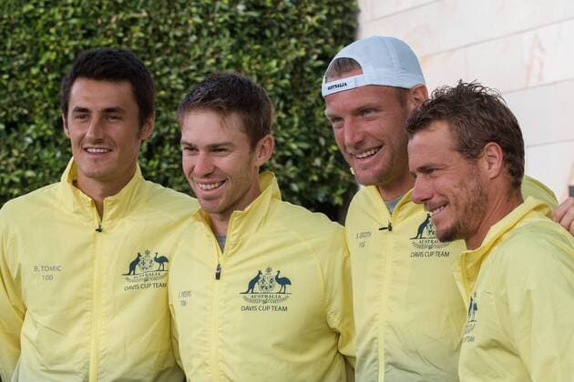 March 3, 2016: The Australian team pose for photos at the official draw of the BNP Paribas Davis Cup World Group first round tie between Australia and USA at Kooyong tennis club in Melbourne, Australia. Tennis 2016: Davis Cup AUS v USA Draw - ZUMAc04_