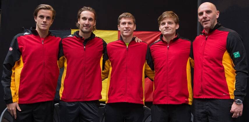 Belgian Arthur De Greef, Belgian Ruben Bemelmans, Belgian Kimmer Coppejans, Belgian David Goffin and Davis Cup captain Johan Van Herck pictured during the draw of the playing schedule for the Davis Cup first round World Group meeting between Belgium and Croatia, Thursday 03 March 2016, in Angleur, Liege. The first round will be played from 04 to 06 March 2016, Liege. BENOITxDOPPAGNE  x04803670x