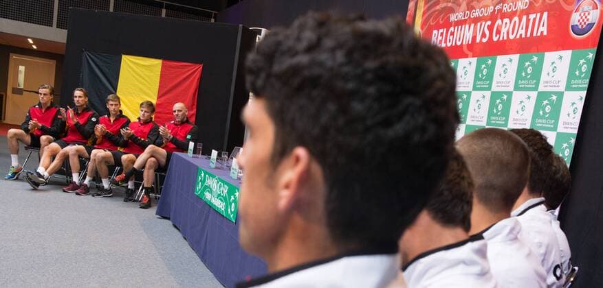 Belgian Arthur De Greef, Belgian Ruben Bemelmans, Belgian Kimmer Coppejans, Belgian David Goffin and Davis Cup captain Johan Van Herck pictured during the draw of the playing schedule for the Davis Cup first round World Group meeting between Belgium and Croatia, Thursday 03 March 2016, in Angleur, Liege. The first round will be played from 04 to 06 March 2016, Liege. BENOITxDOPPAGNE  x04803679x
