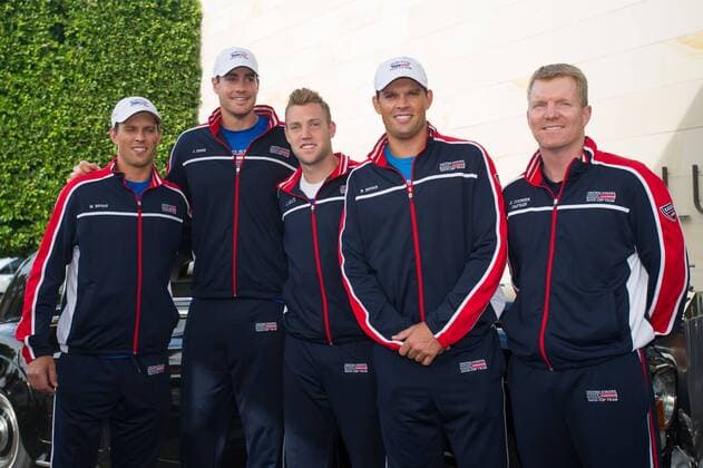 (160303) -- MELBOURNE, March 3, 2016 -- Mike Bryan, John Isner, Jack Sock, Bob Bryan and Captain Jim Courier (L to R) of the Davis Cup team of the USA pose for photos as they arrive at the draw ceremony of the Davis Cup by BNP Paribas World Group first round between Australia and the United States at Kooyong Lawn Tennis Club in Melbourne, Australia, March 3, 2016. Australian tennis player Lleyton Hewitt could be dragged out of retirement for Australia s Davis Cup tie against the United States, after it was revealed he would be replacing an ill Nick Kyrgios in the team s squad on Thursday. ) (SP)AUSTRALIA-MELBOURNE-TENNIS-DAVIS CUP-DRAW CEREMONY BaixXue 